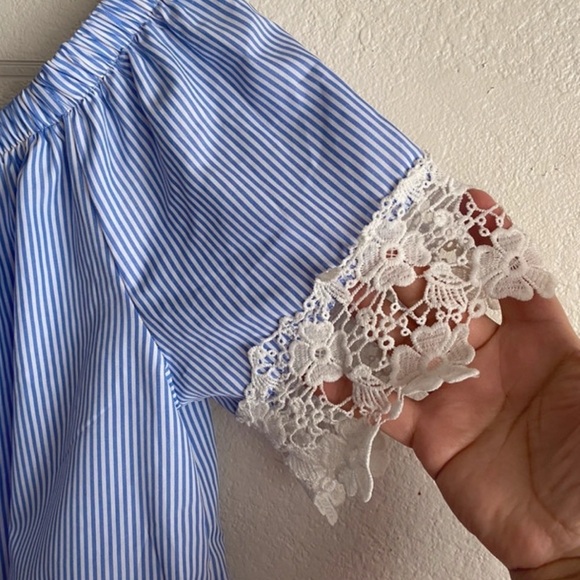 Kontrol Striped Blue & White Short Sleeve Lace Trim Off Shoulder Top L - Picture 5 of 8
